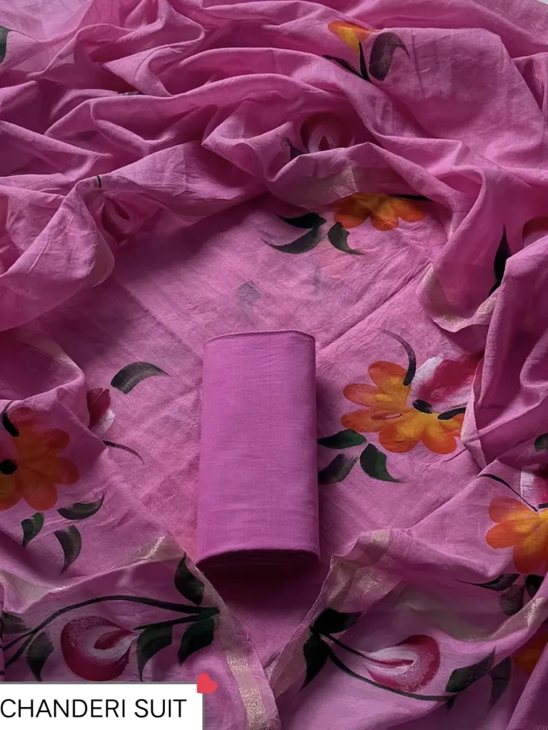 Hand printed print Chandari silk   purplish pink colour  dress  material