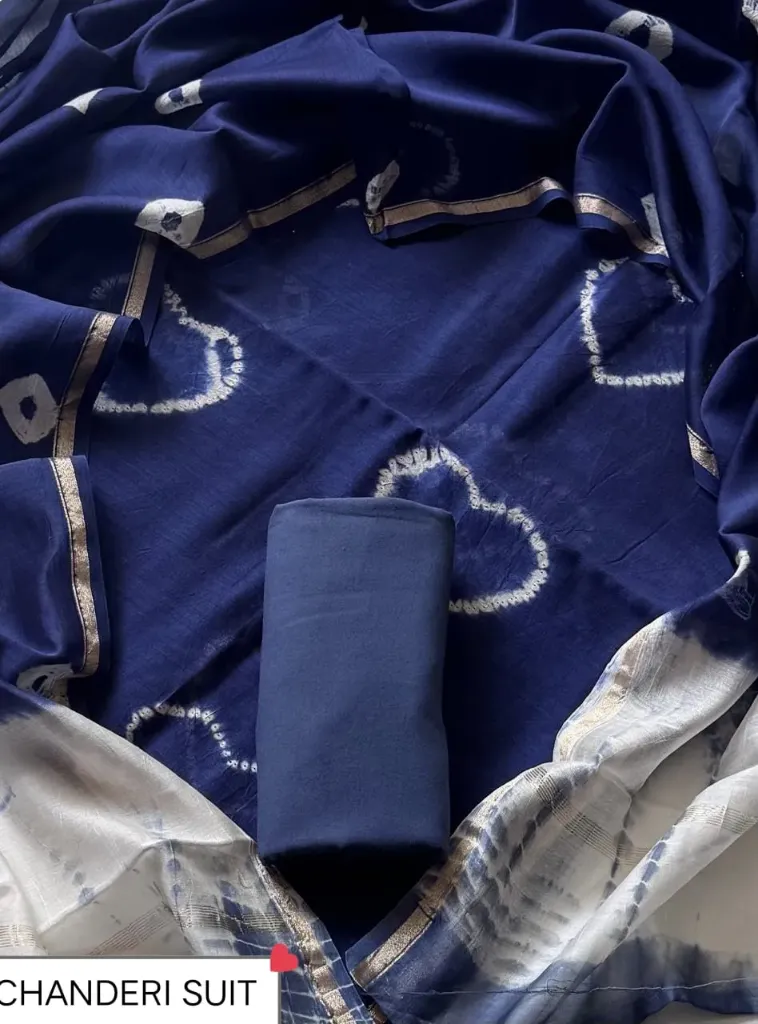 Hand batique print Chandari silk   blue and white combination colour  dress  material