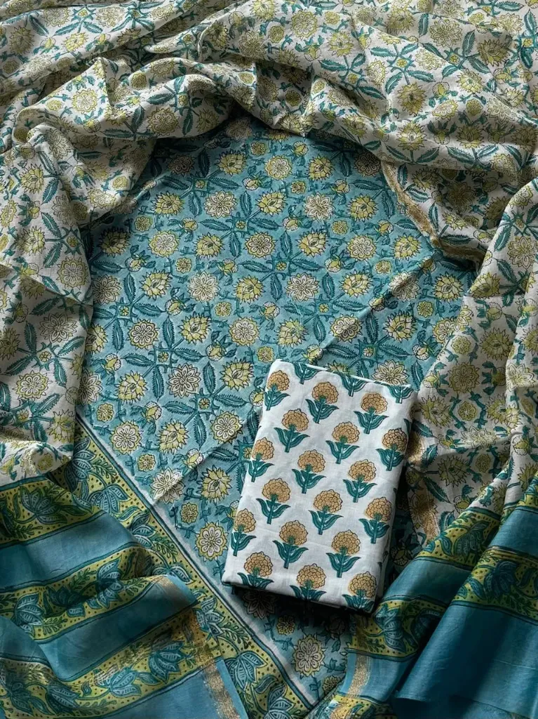 Hand block print Chandari silk   sea green colour  dress  material