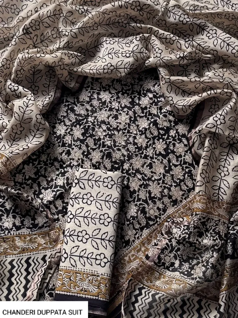 Hand block Chandari silk   beige with black colour print dress  material