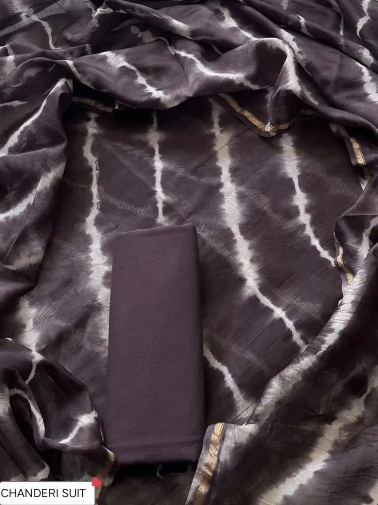 Hand block Chandari silk   purplish brown shibori  print dress  material