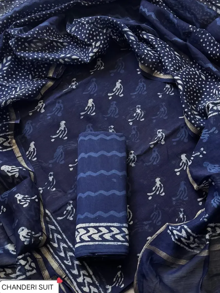 Hand block  ajrak print  Chandari silk  indigo blue  colour  dress  material