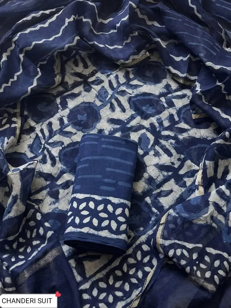 Hand block dabu print  Chandari silk  indigo blue  with white colour  dress  material