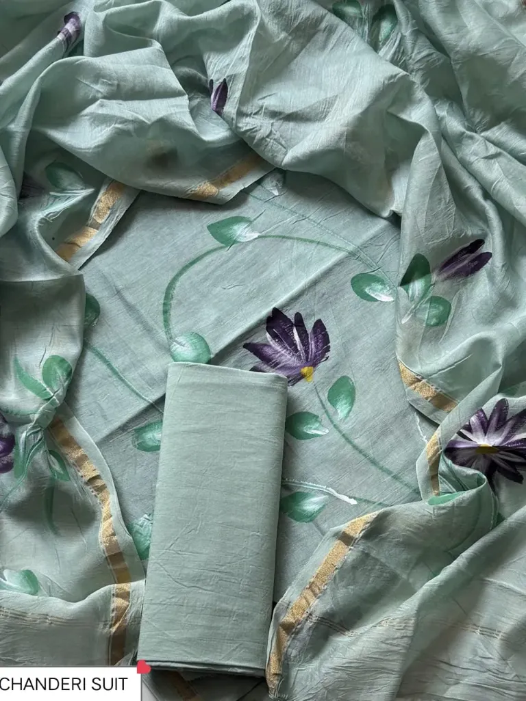 Hand brush  print  Chandari silk  pista green w colour  dress  material