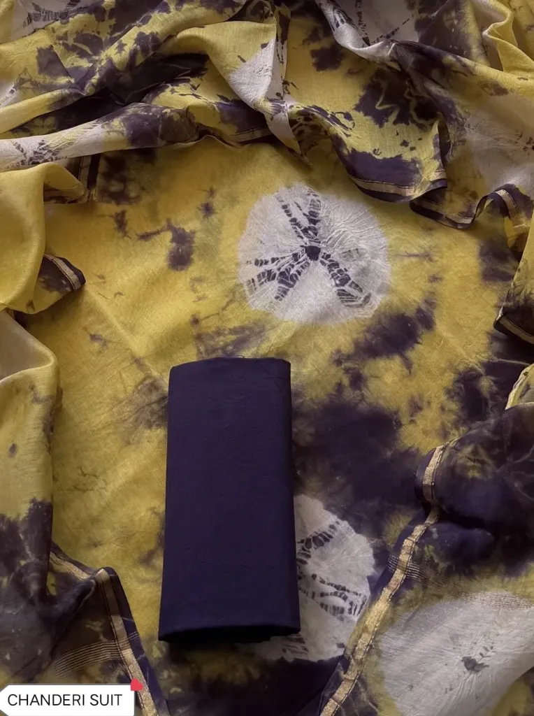 Hand batik  Chandari silk  yellow coffee colour  dress  material