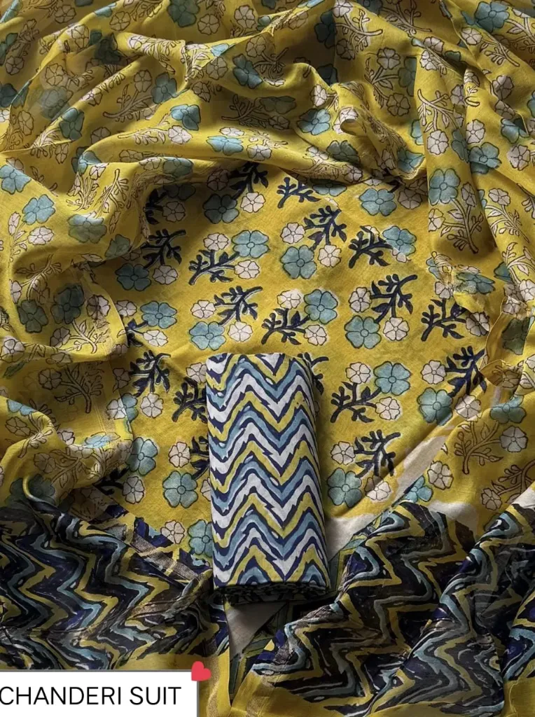 Hand block ajrak Chandari silk  yellow green colour  dress  material