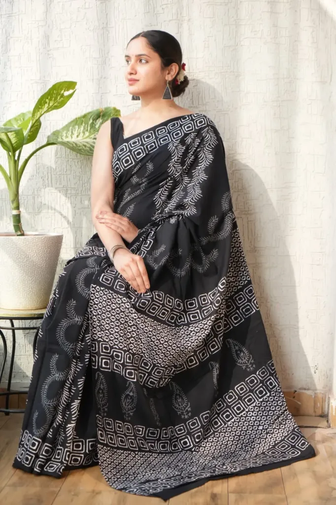Hand block printed black colour cotton mulmul saree
