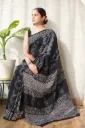 Hand block printed black colour cotton mulmul saree