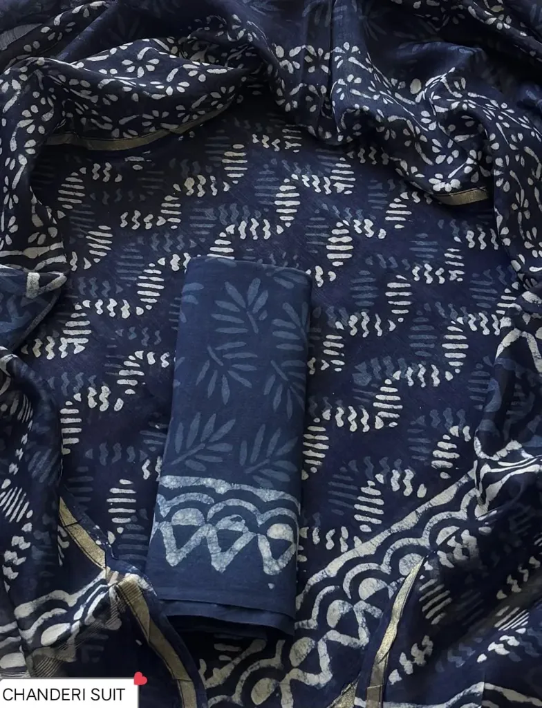 Hand block ajrak Chandari silk  indigo blue colour  dress  material