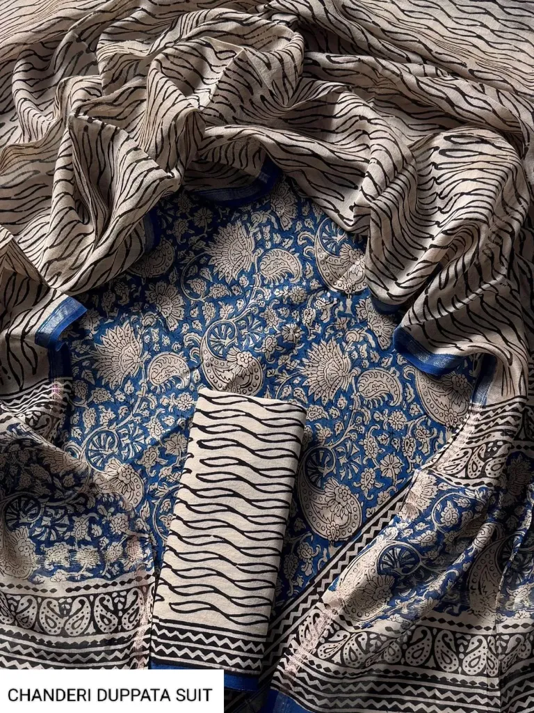 Hand block ajrak Chandari silk  blue and beige colour  dress  material