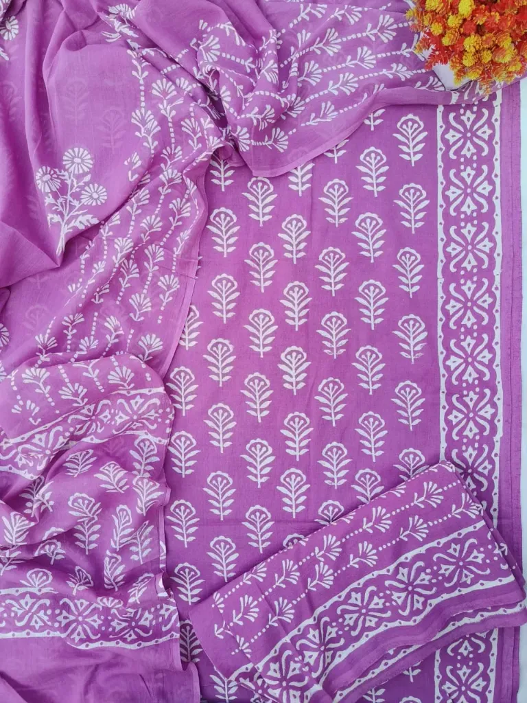 Hand block printed Cotton suit with mulmul duptta purple colour (suit) dress material