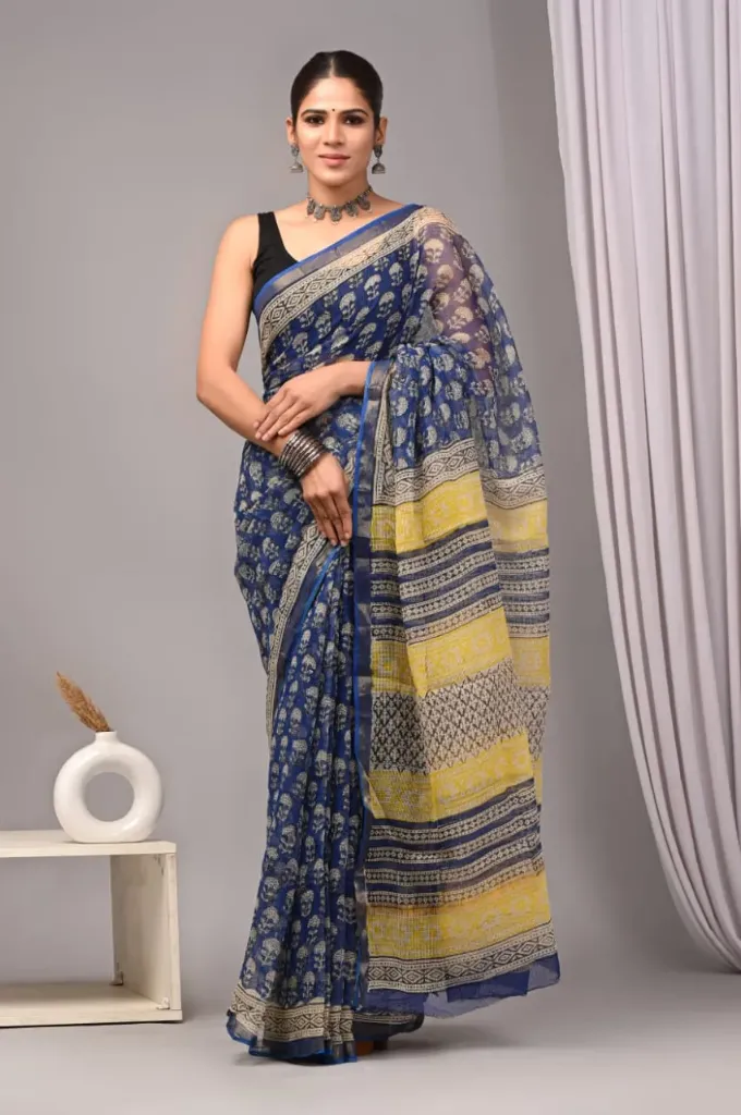 hand block and ajrak printed Kota doriya   blue yellow border saree