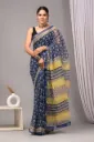 hand block and ajrak printed Kota doriya   blue yellow border saree