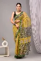 hand block and ajrak printed Kota doriya   yellow green border saree