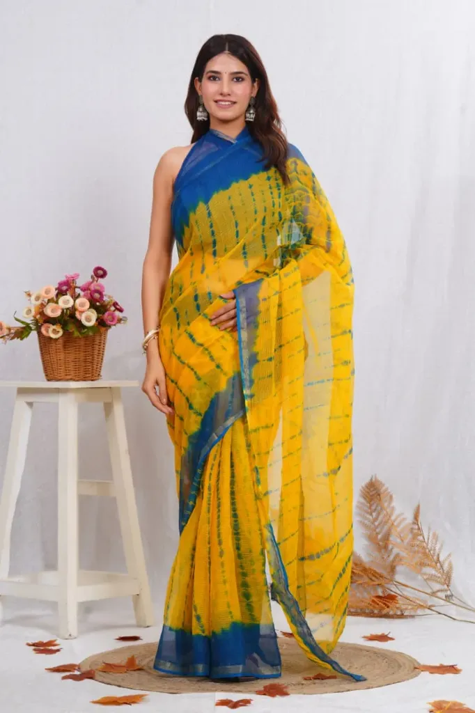 hand block and ajrak printed Kota doriya  yellow blue shibore saree .