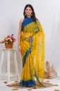 hand block and ajrak printed Kota doriya  yellow blue shibore saree .