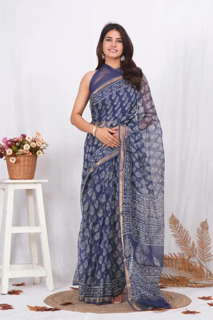 hand block and ajrak printed Kota doriya  royal blue  saree .