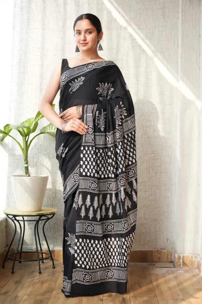 Hand block and batique printed cotton mulmul  Black saree