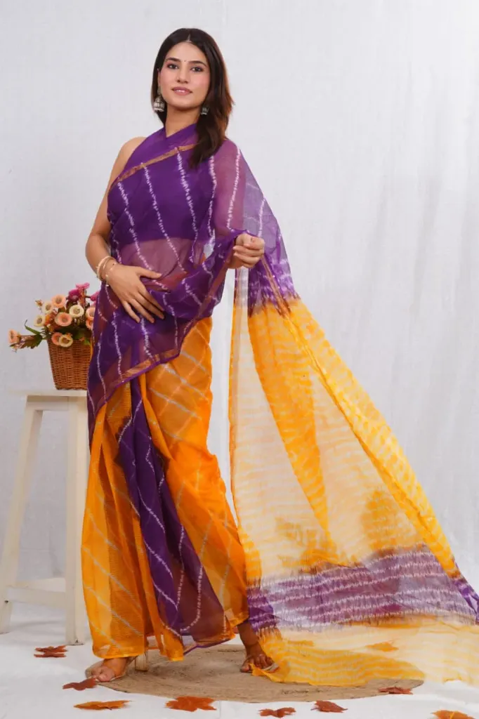 hand block printed Kota doriya  purple yellow colour beautiful lahariya saree .