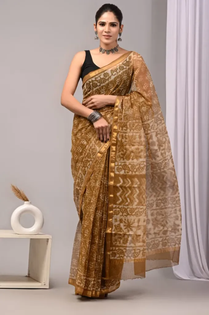 hand block printed Kota doriya  golden yellow colour saree .