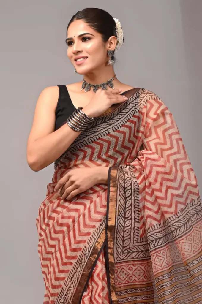 hand block printed Kota doriya  off white red colour  lahariya saree .