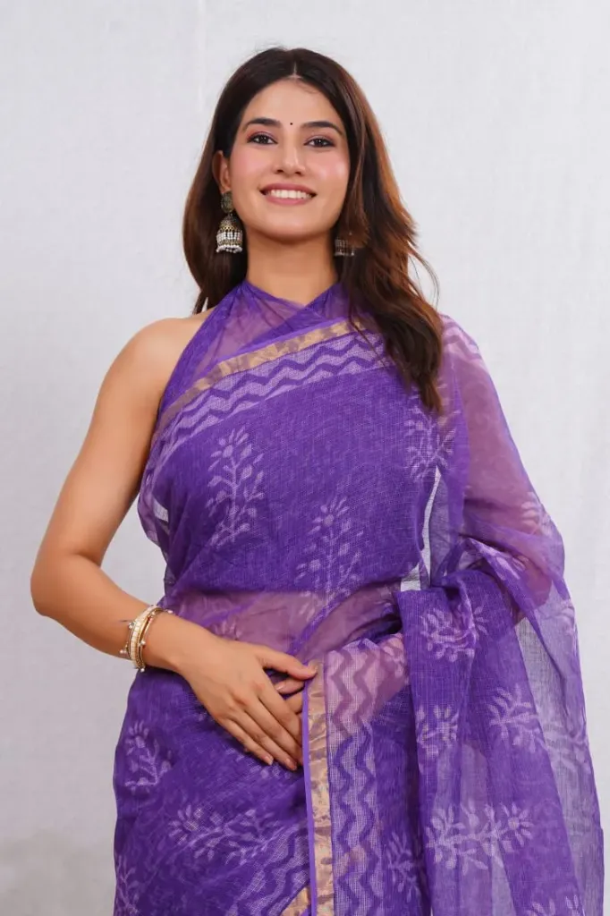 hand block printed Kota doriya  purple colour  saree .