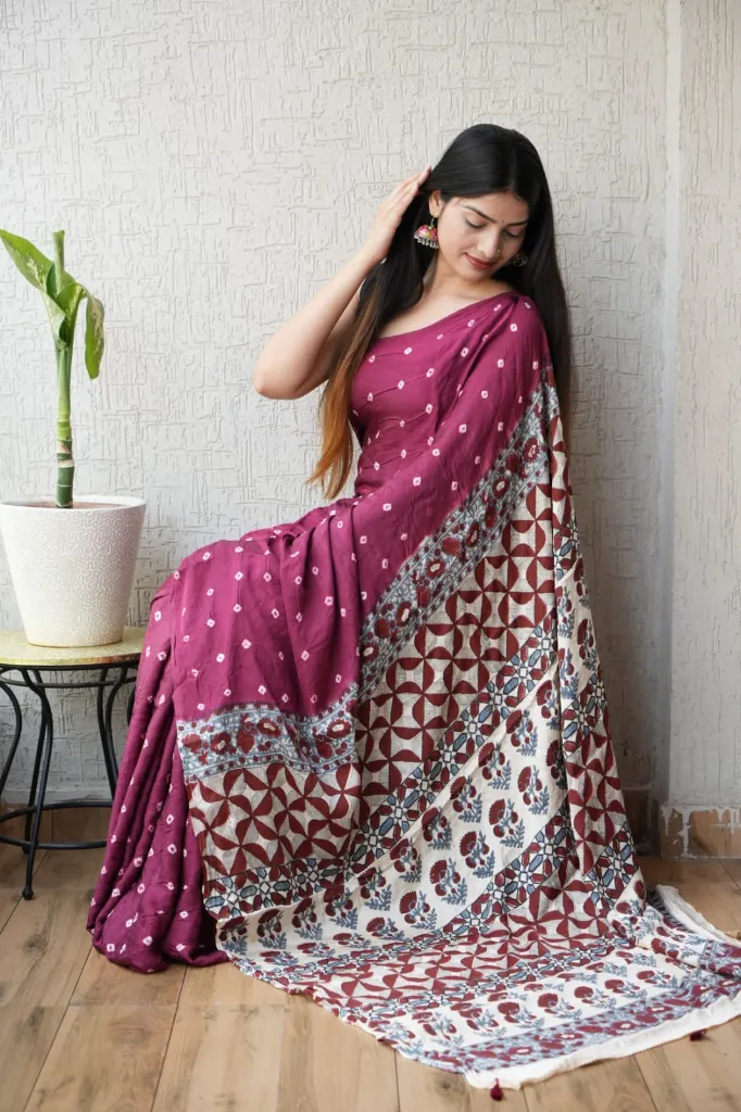 Hand bandej Modal Silk  wine colour (bandhni) Saree