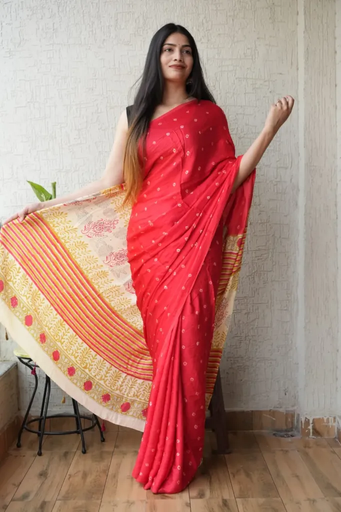 Hand bandej Modal Silk  dark pink (rani) colour (bandhni) Saree