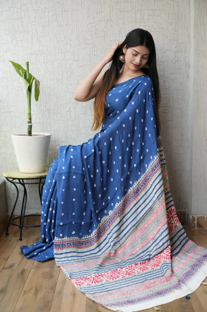 Hand bandej Modal Silk  royal blue colour (bandhni) Saree