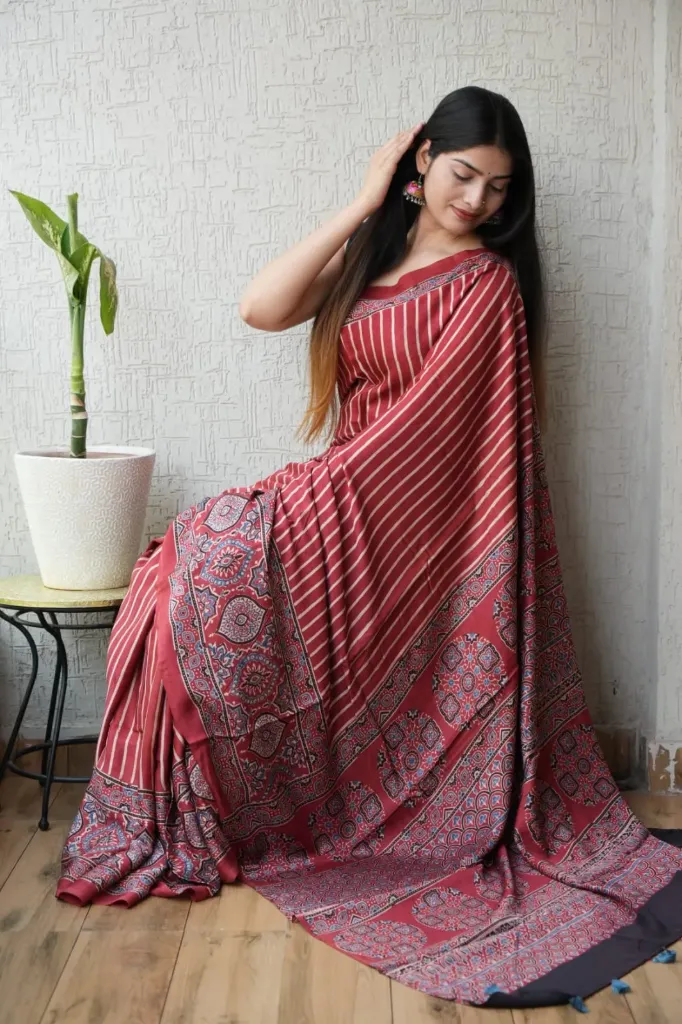 Hand block printed Modal Silk  red and off white colour Saree
