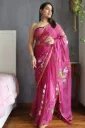 Hand brush painted  dark pink color chiffon saree