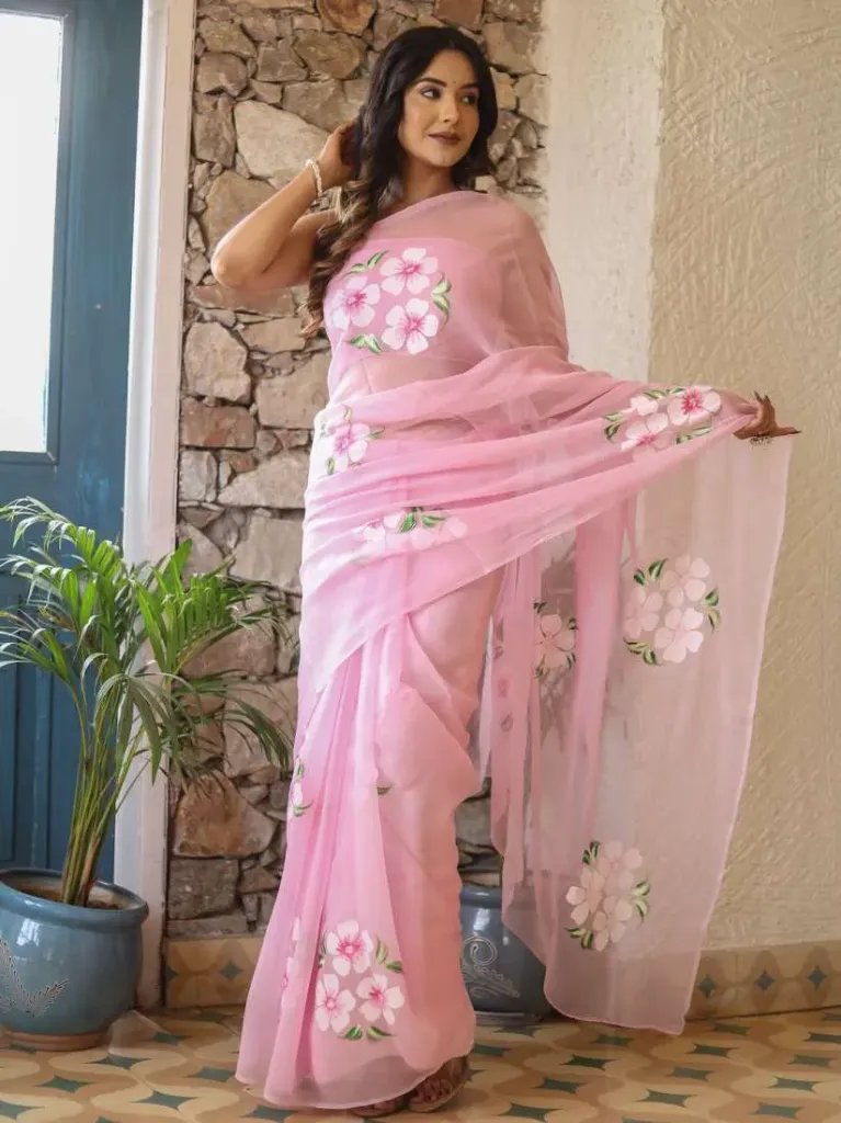 Hand brush painted  baby pink colour chiffon saree