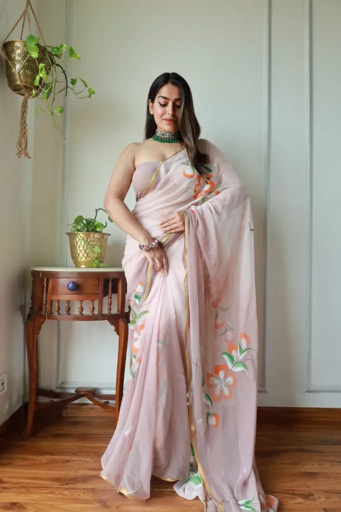 Hand brush painted  baby pink colour chiffon saree