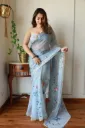 Hand brush painted  sky blue colour chiffon saree