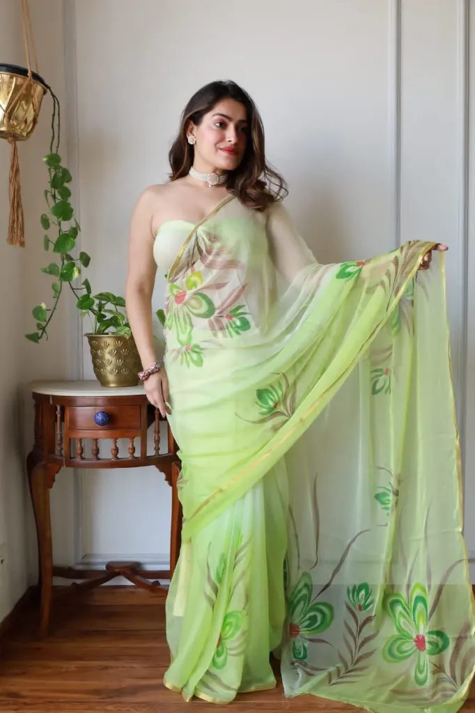 Hand brush painted  parrot green colour chiffon saree