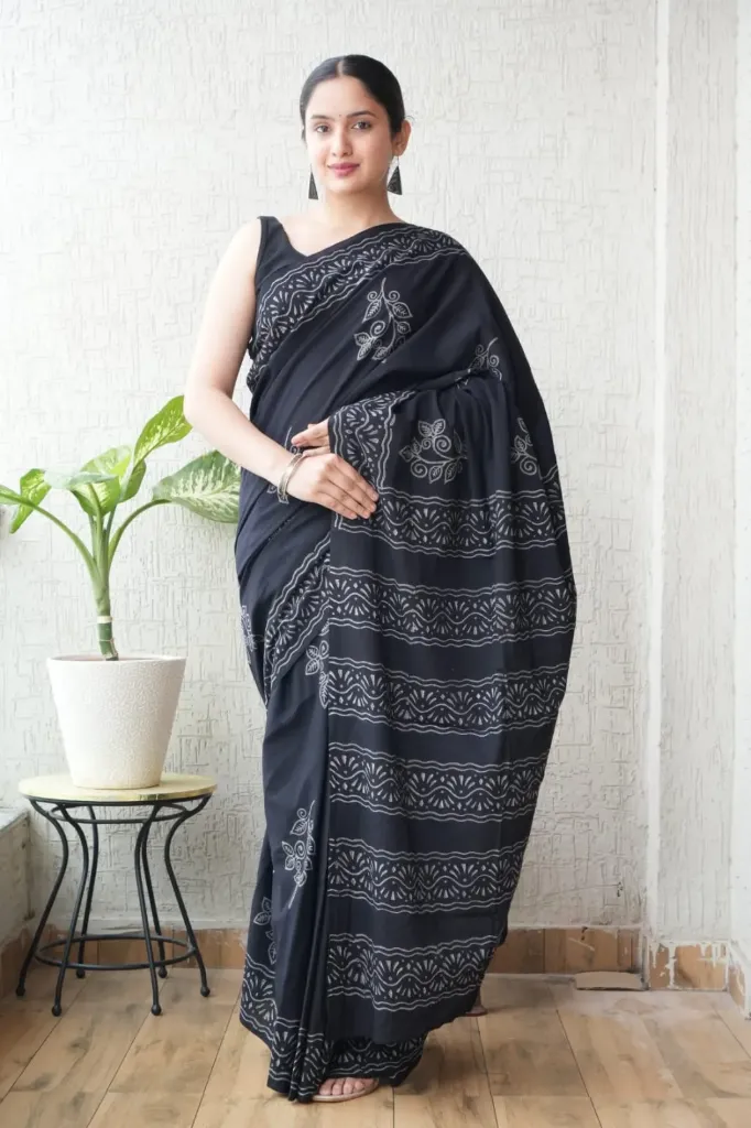 Hand block batique printed black colour saree
