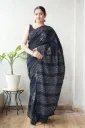 Hand block batique printed black colour saree