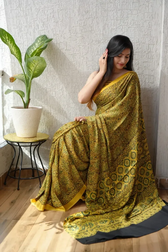 Hand block Ajrak Printed  golden yellow (termeric) colour Modal Silk Saree