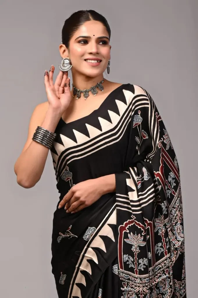 Hand block kalamkari black colour Modal Silk Saree