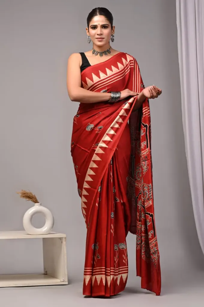 Hand block kalamkari red colour Modal Silk Saree