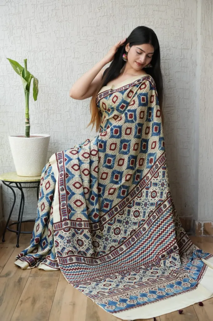 Hand block kalamkari beige  blue colour Modal Silk Saree
