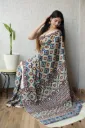 Hand block kalamkari beige  blue colour Modal Silk Saree