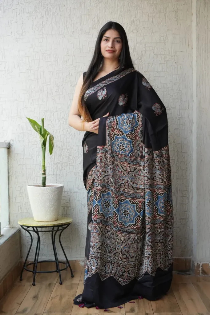 Hand block kalamkari black colour Modal Silk Saree (