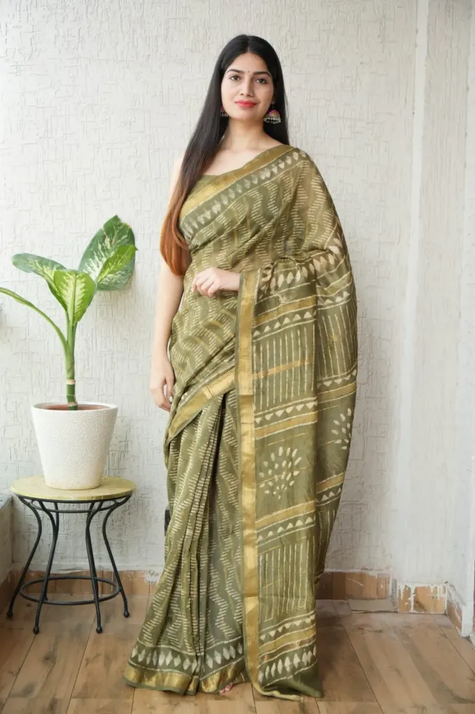 Hand block, kalamkari Ajrak Printed olive green maheswari Silk Saree