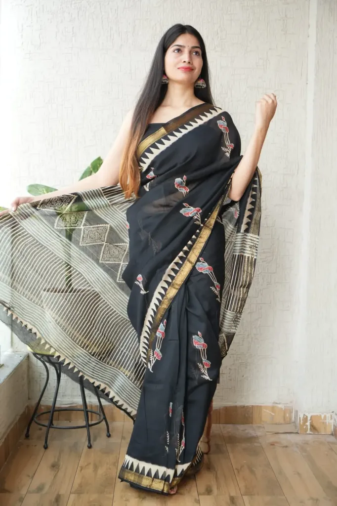 Hand block, kalamkari Ajrak Printed black colour maheswari Silk Saree