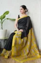 Hand block, Ajrak Printed black yellow border maheswari Silk Saree
