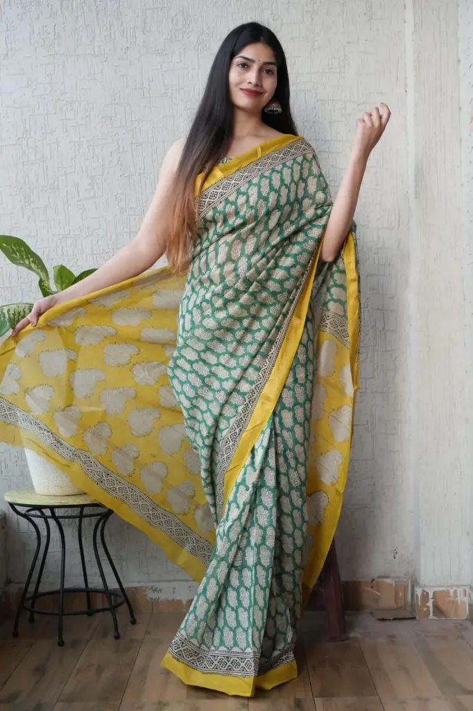 Hand block, Ajrak Printed olive green with yellow border maheswari Silk Saree