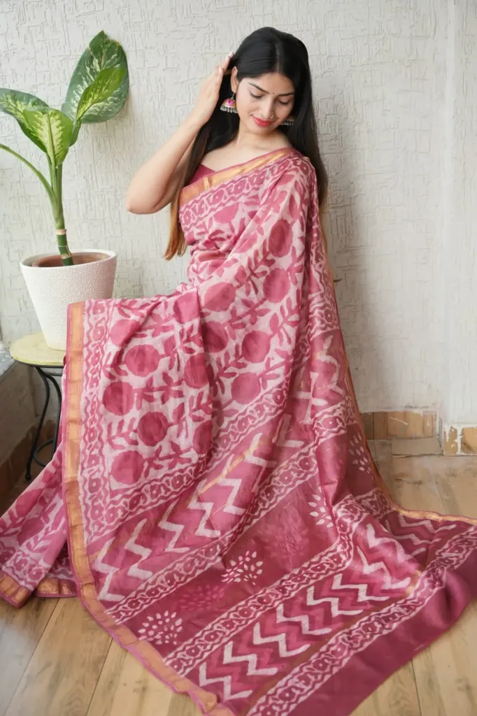 Hand block, Ajrak Printed with pink maheswari Silk Saree