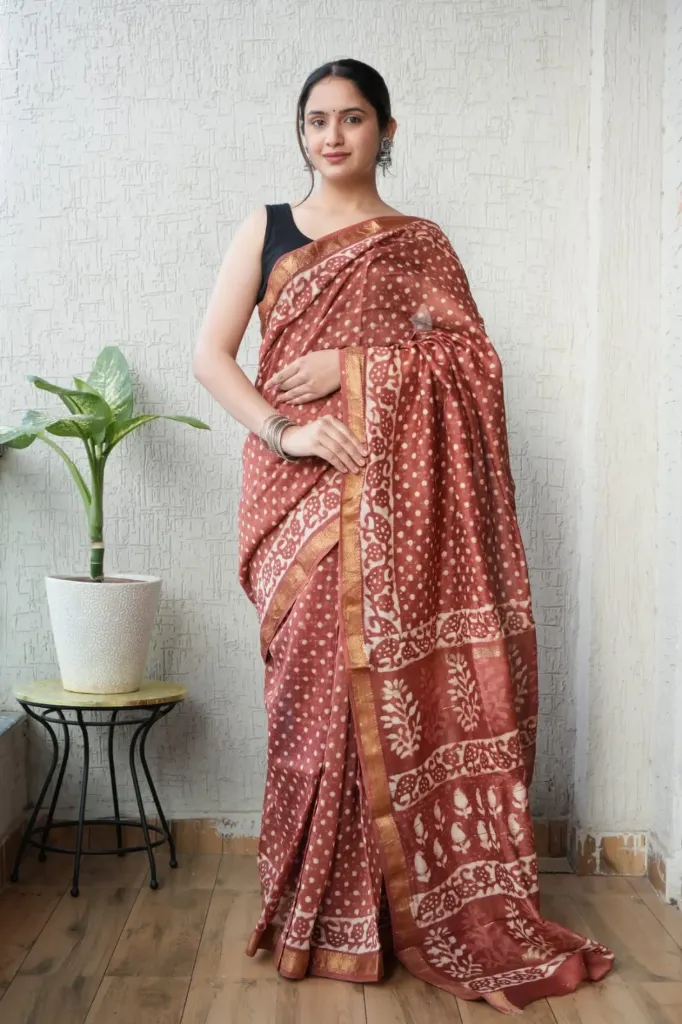 Hand block, kalamkari Ajrak Print polka dot pattern  redish brown  colour maheswari Silk saree