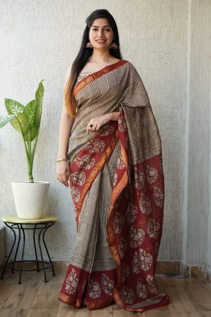 Hand block, kalamkari Ajrak Print  beige brown  colour stripped pattern  maheswari Silk saree